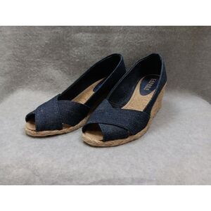 Ralph‎ Lauren Cecilia Blue Denim Peep Toe Wedges Size 6.5b With Box